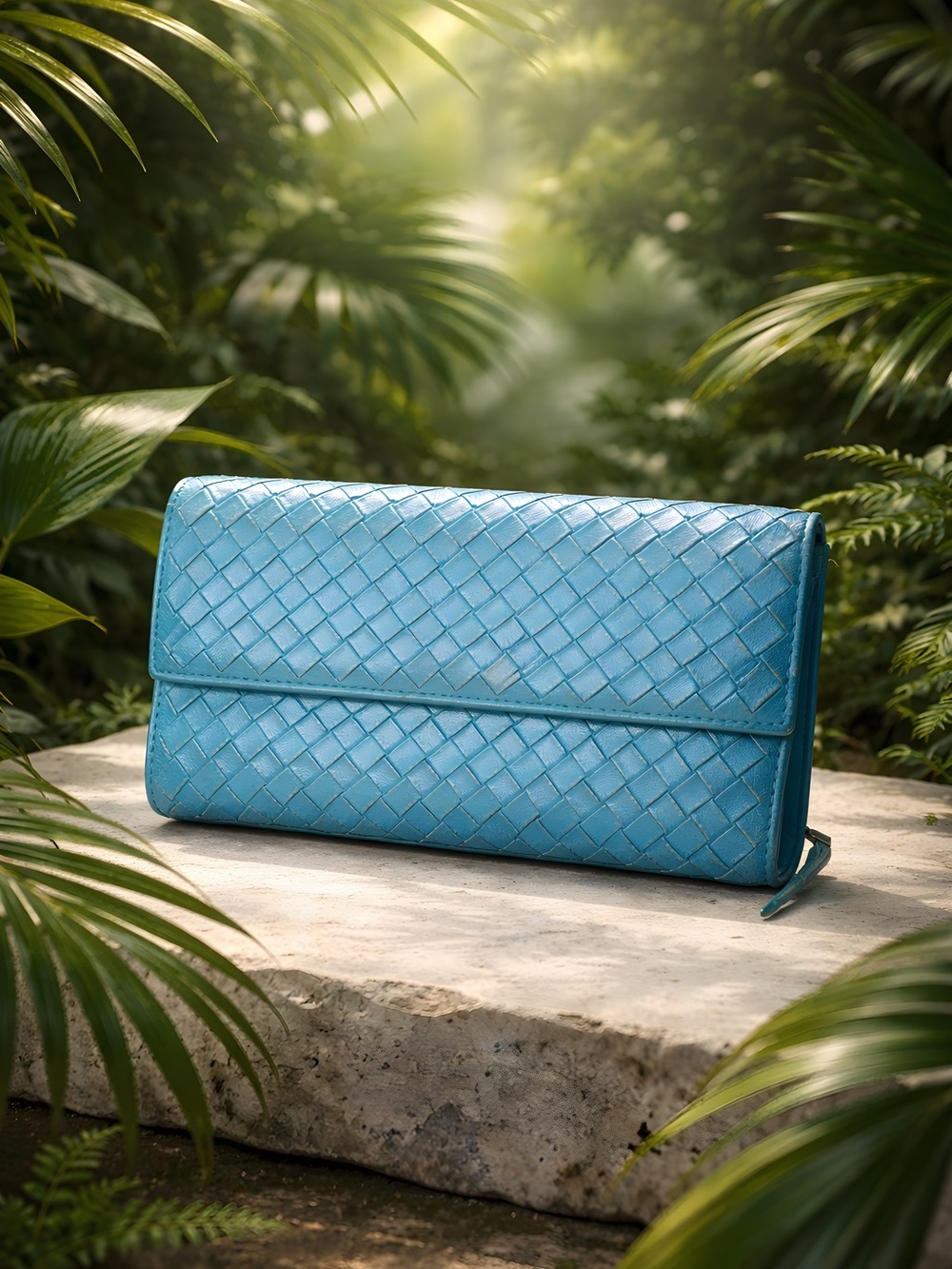 Bottega Veneta Intrecciato Turquoise Continental Long Wallet w/ Box and COA